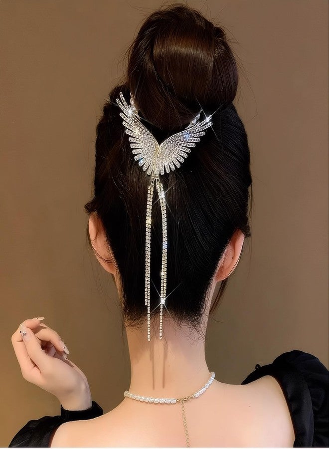 Rannyrena Pearls Tassel Rhinestone Ponytail Claw Clip for Women Crystal Bow Ponytail Bauckle Buns Hair Holder Sparkling Metal Hair Bun Accessories (Gold Angle Wings) - Image 2